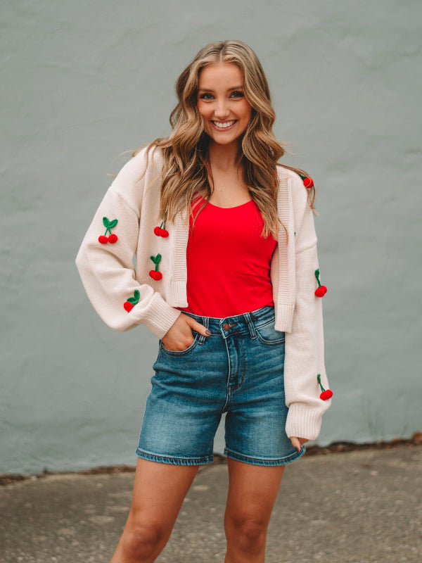 Kathy Ivory Cherry Long Sleeve Cardigan