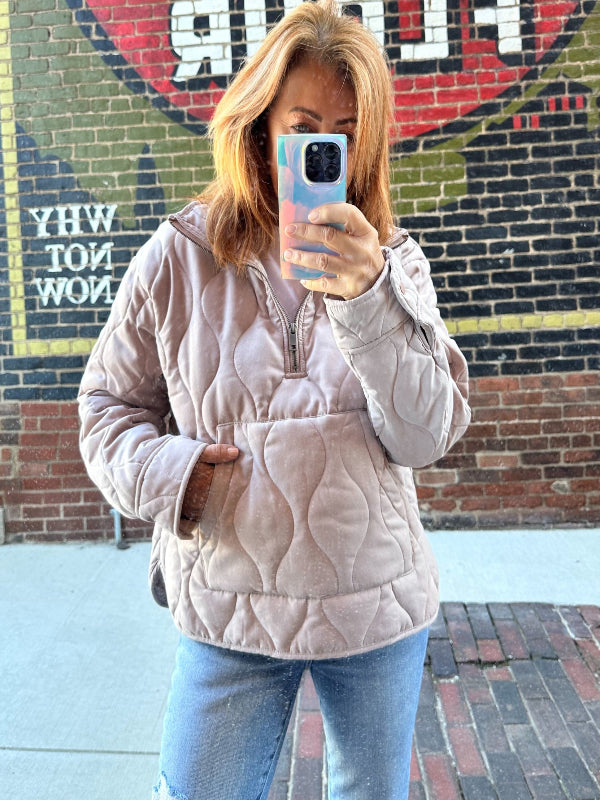 Delany Taupe Quilted Half Zip Jacket