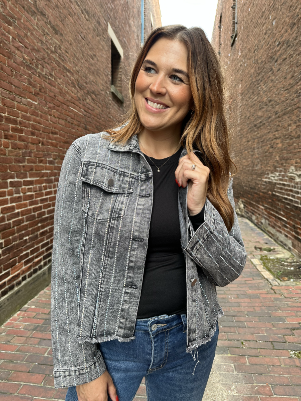 Betty Black Washed Rhinestone Jean Jacket