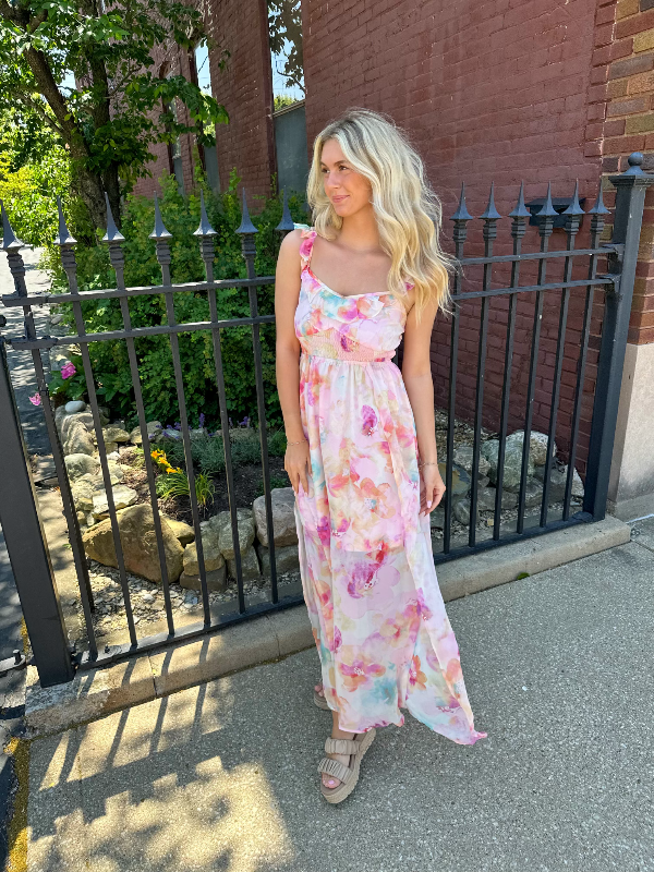 Kendra Pink Multi Smocked Maxi Dress