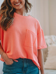 Pam Coral Ribbed Short Sleeve Top