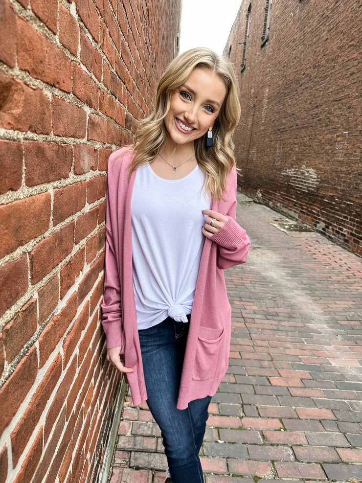Mauve Loose Fit Cardigan Pockets