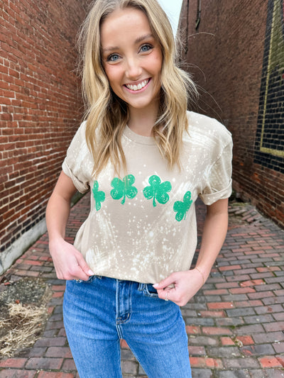 Tan Clover Row Bleached Graphic Tee