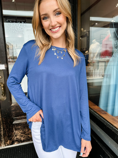 Anna Denim blue Long Sleeve Basic Top