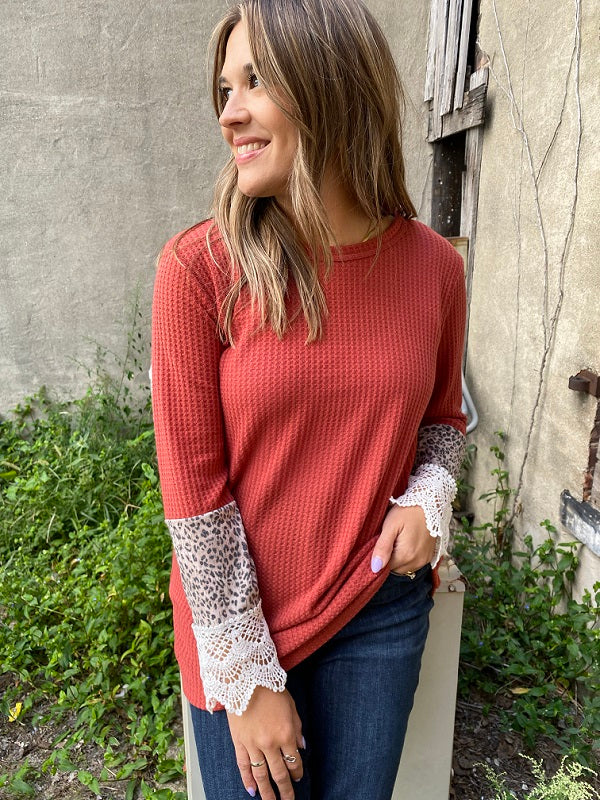 Janet Rust Long Sleeve Ribbed Top